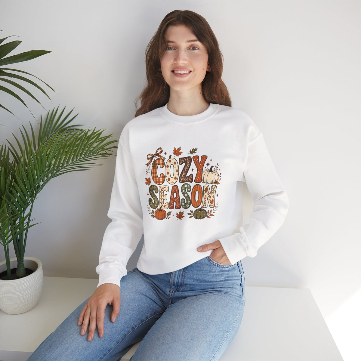 Cozy Season Crewneck Sweatshirt — Fall Pumpkin Autumn Leaves Graphic