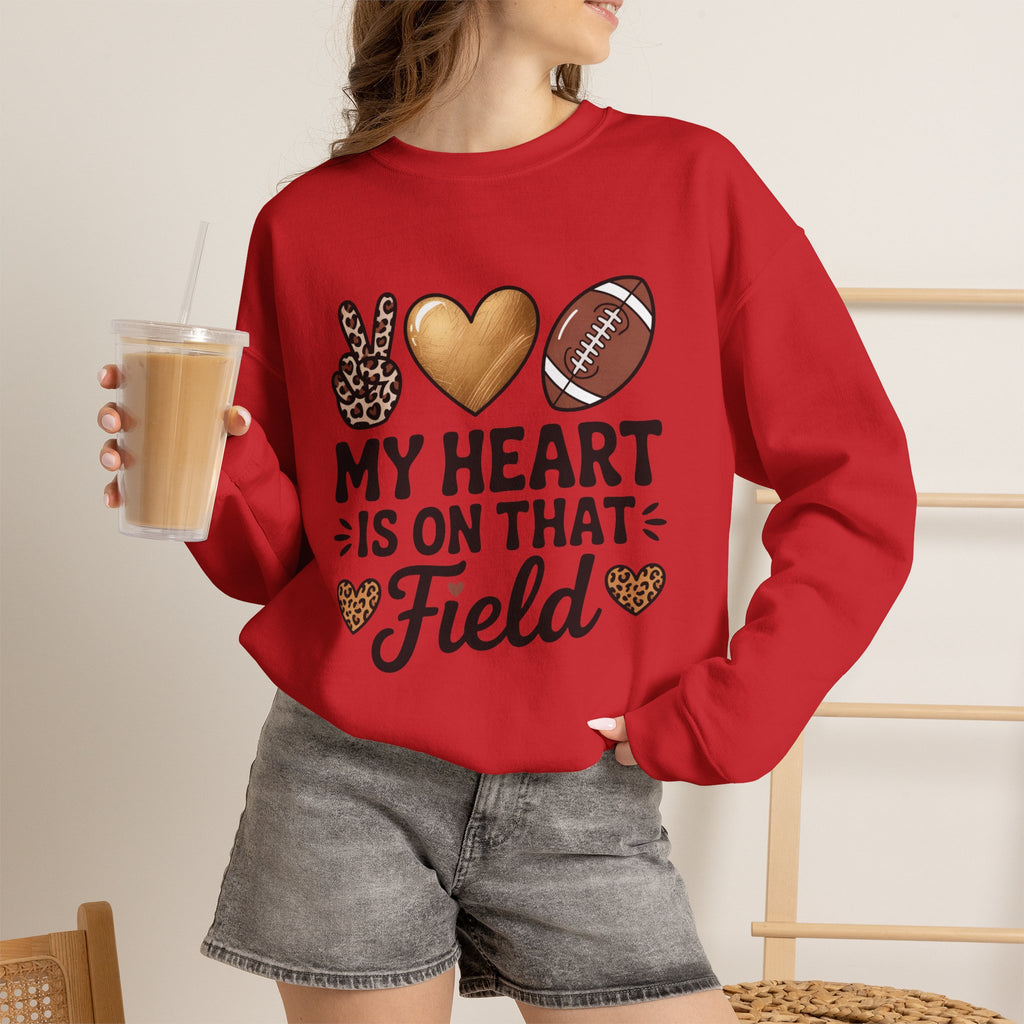 Football Mom Crewneck Sweatshirt - "My Heart Is On That Field" Leopard Accent