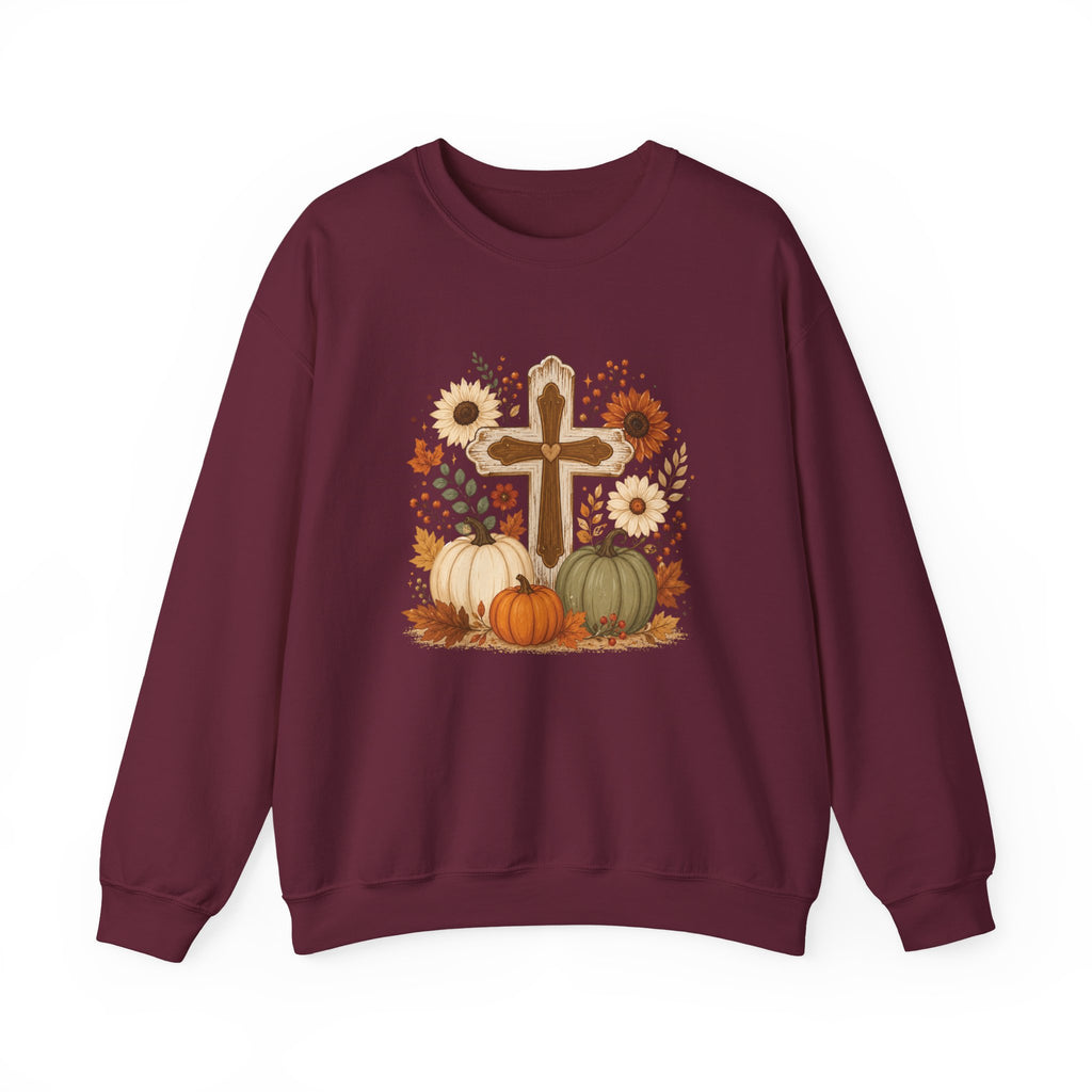 Fall Cross Sweatshirt — Christian Pumpkin & Sunflower Autumn Crewneck