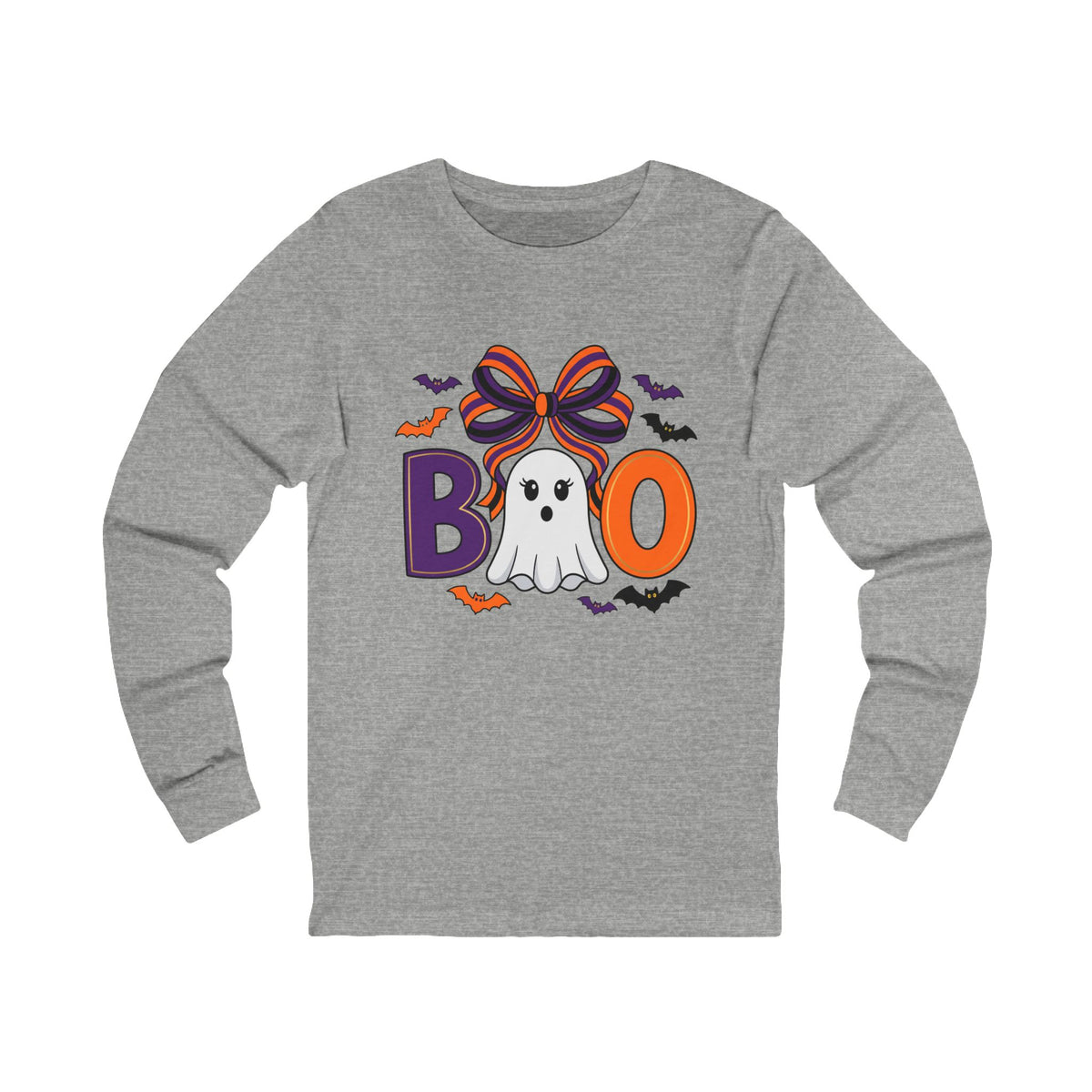 Halloween "Boo" Ghost Long Sleeve Tee — Cute Ghost with Bow & Bats