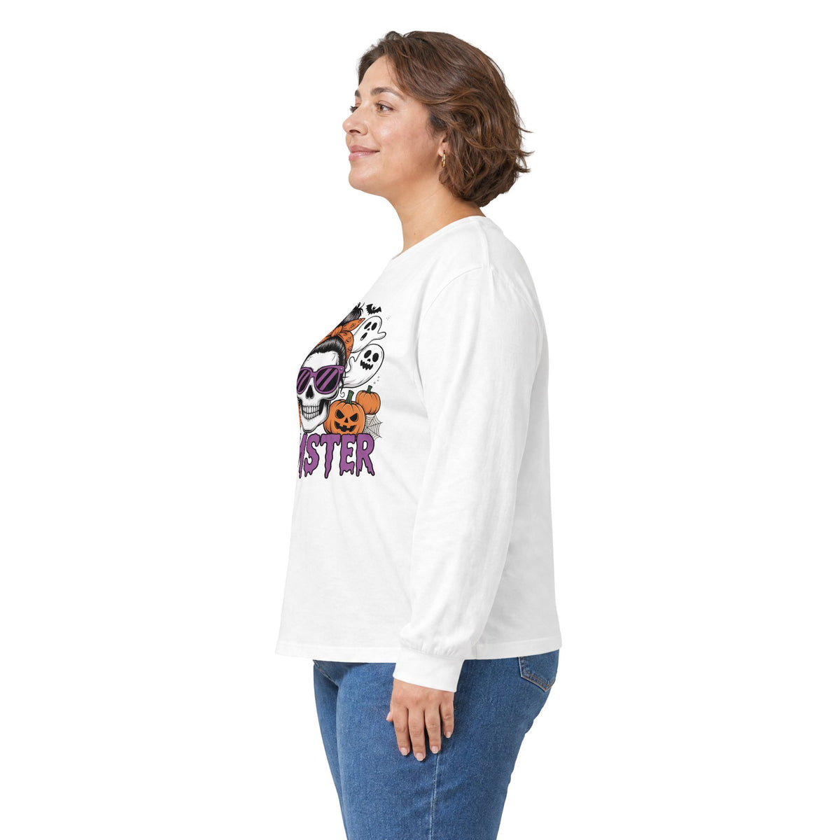Momster Halloween Long Sleeve Tee – Skull Mom with Pumpkins & Ghosts