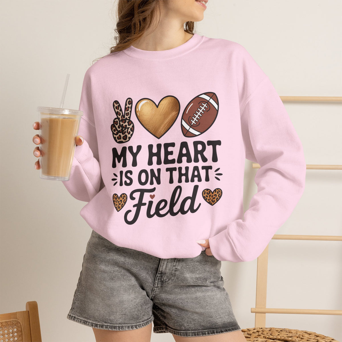 Football Mom Crewneck Sweatshirt - "My Heart Is On That Field" Leopard Accent