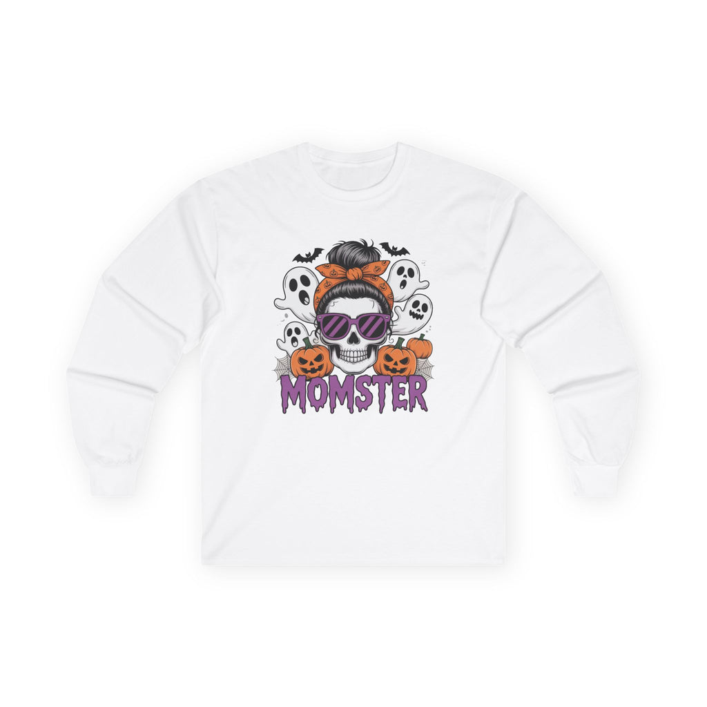 Momster Halloween Long Sleeve Tee – Skull Mom with Pumpkins & Ghosts