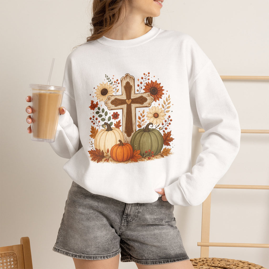 Fall Cross Sweatshirt — Christian Pumpkin & Sunflower Autumn Crewneck
