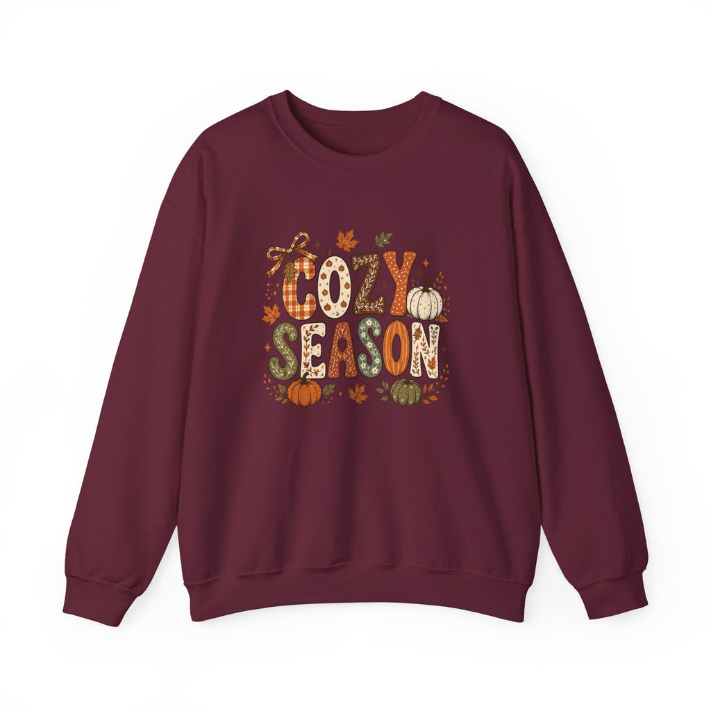 Cozy Season Crewneck Sweatshirt — Fall Pumpkin Autumn Leaves Graphic