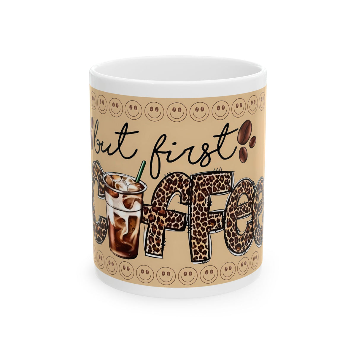 But First Coffee Ceramic Mug — Leopard Print Coffee Design (11oz & 15oz)