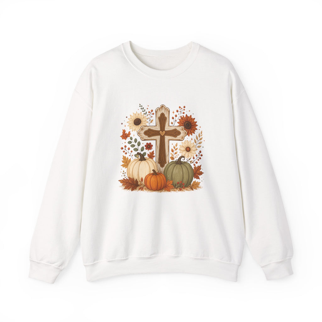 Fall Cross Sweatshirt — Christian Pumpkin & Sunflower Autumn Crewneck