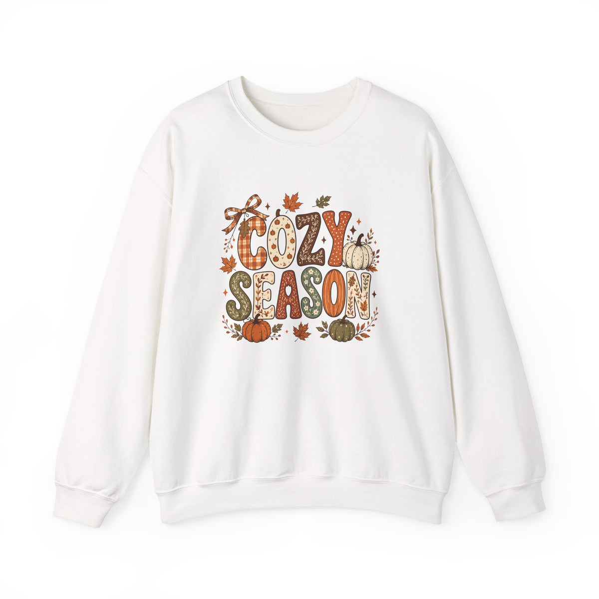 Cozy Season Crewneck Sweatshirt — Fall Pumpkin Autumn Leaves Graphic