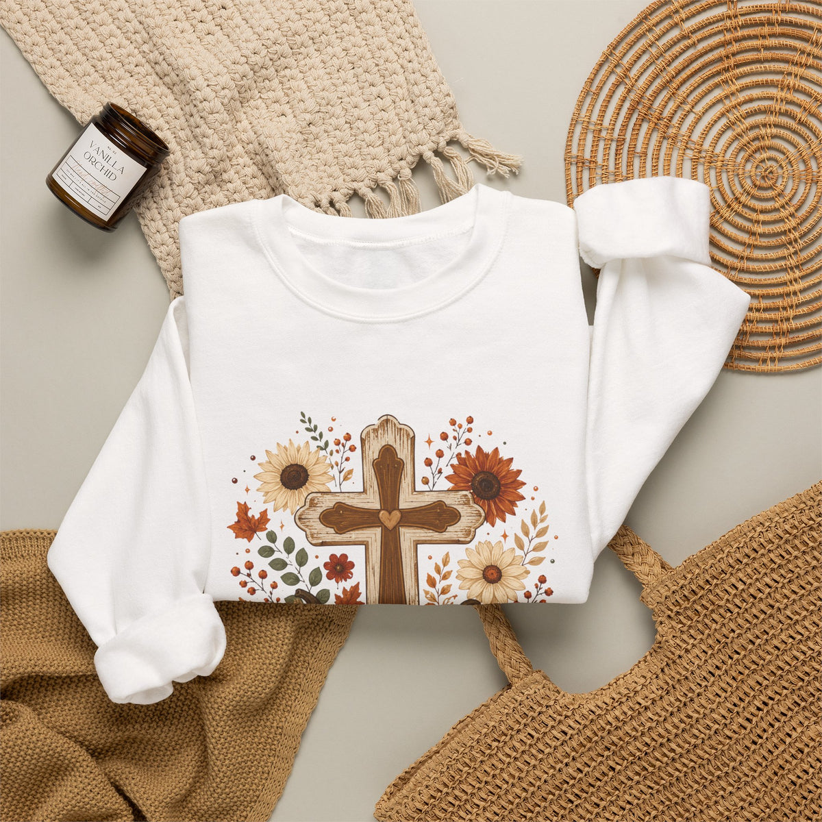 Fall Cross Sweatshirt — Christian Pumpkin & Sunflower Autumn Crewneck