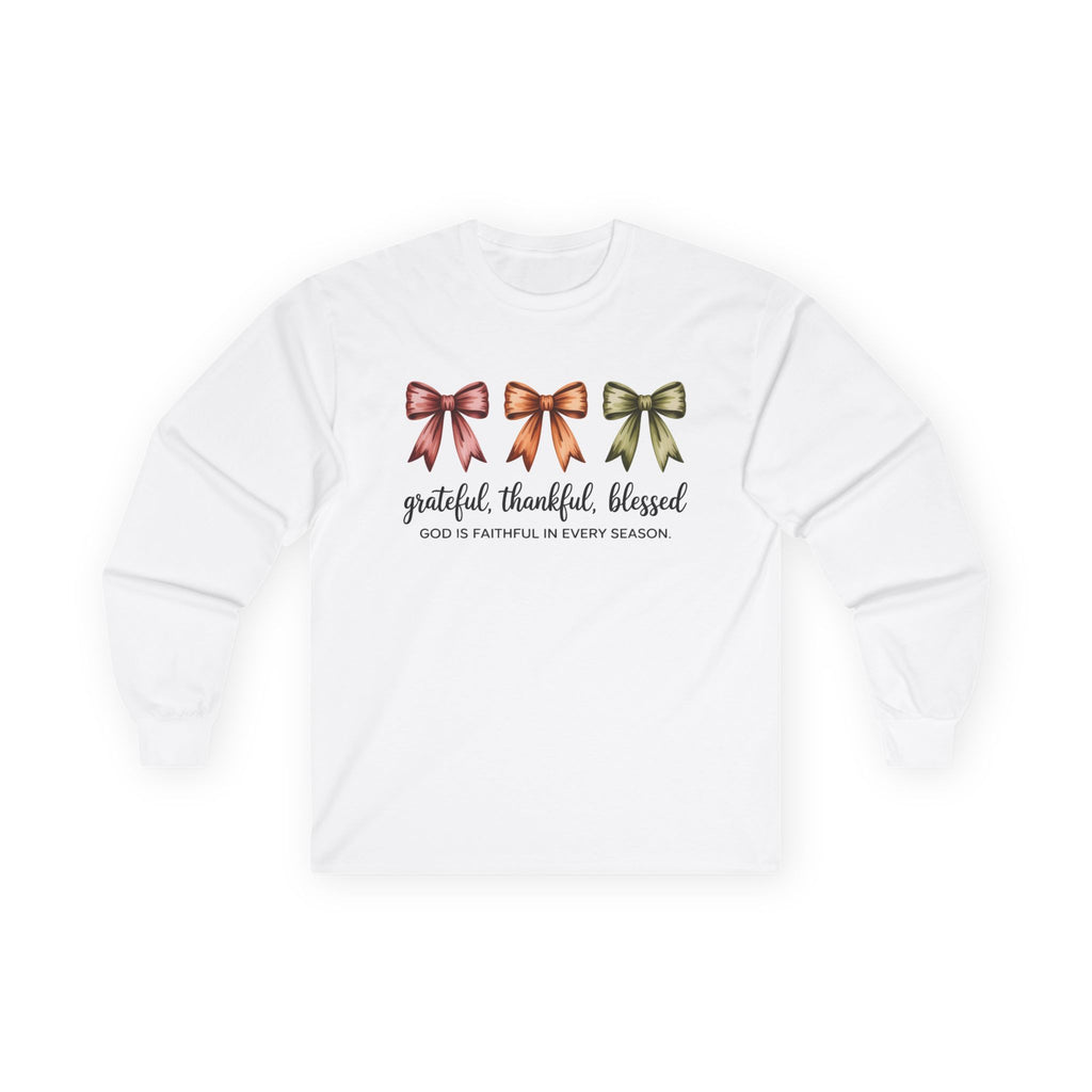 Long Sleeve Tee — Grateful Thankful Blessed with Fall Bows