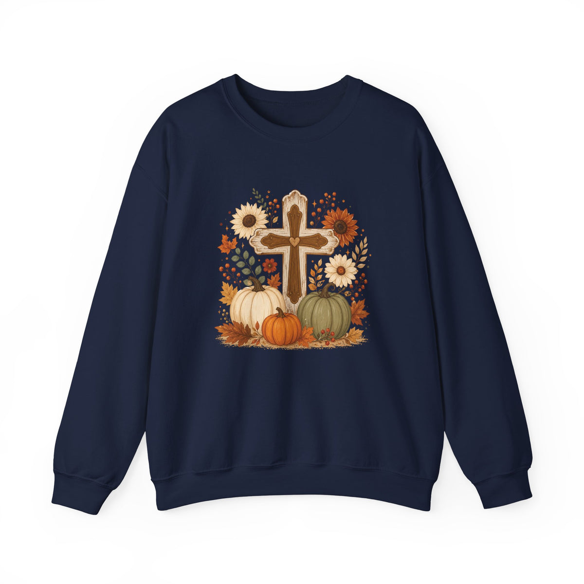 Fall Cross Sweatshirt — Christian Pumpkin & Sunflower Autumn Crewneck