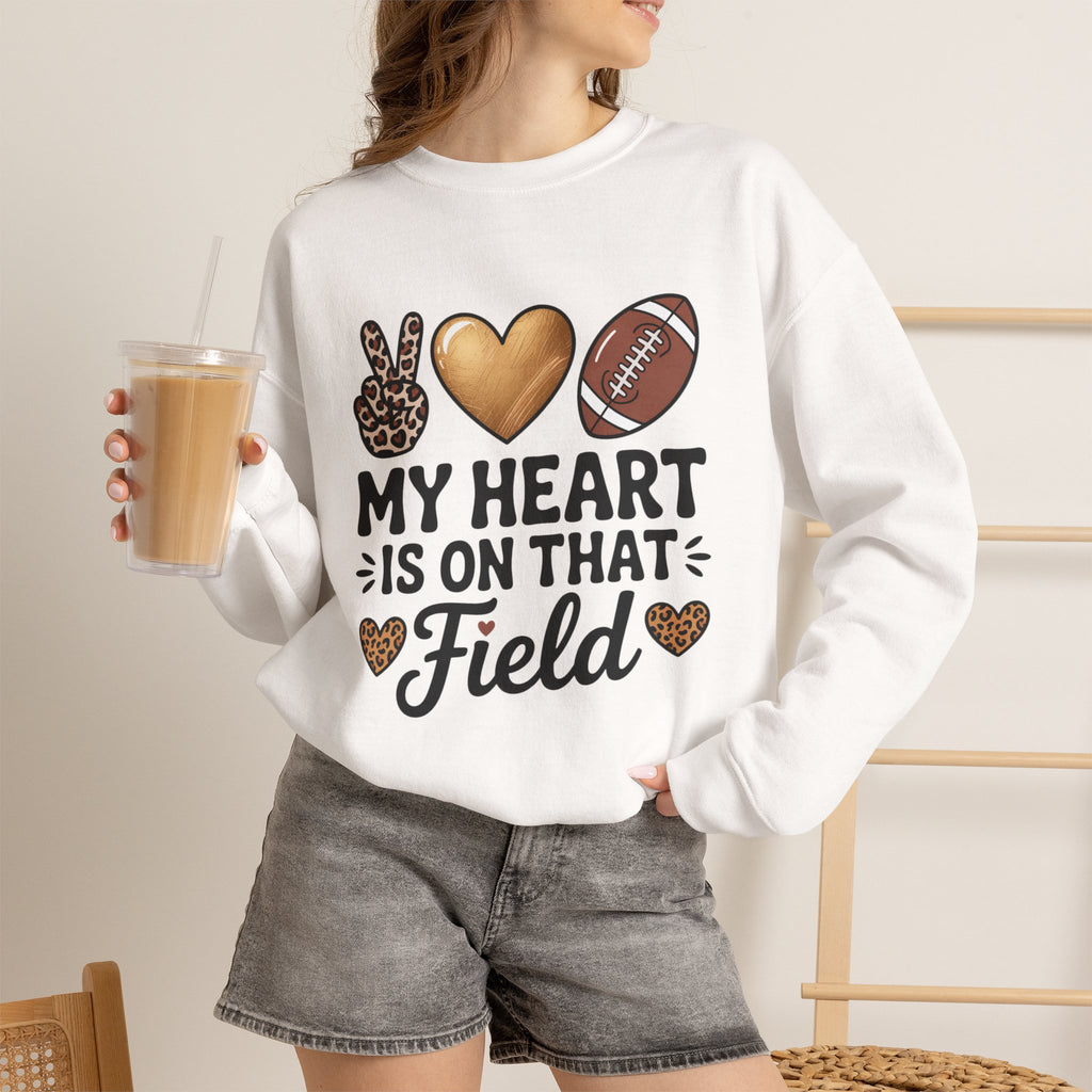 Football Mom Crewneck Sweatshirt - "My Heart Is On That Field" Leopard Accent