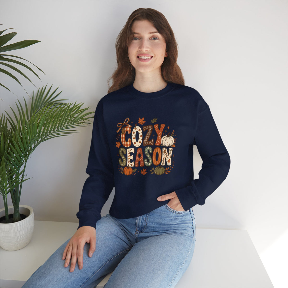 Cozy Season Crewneck Sweatshirt — Fall Pumpkin Autumn Leaves Graphic