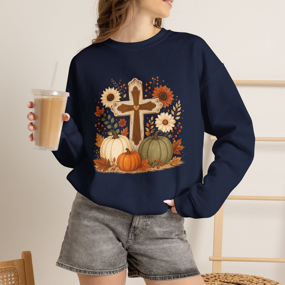 Fall Cross Sweatshirt — Christian Pumpkin & Sunflower Autumn Crewneck