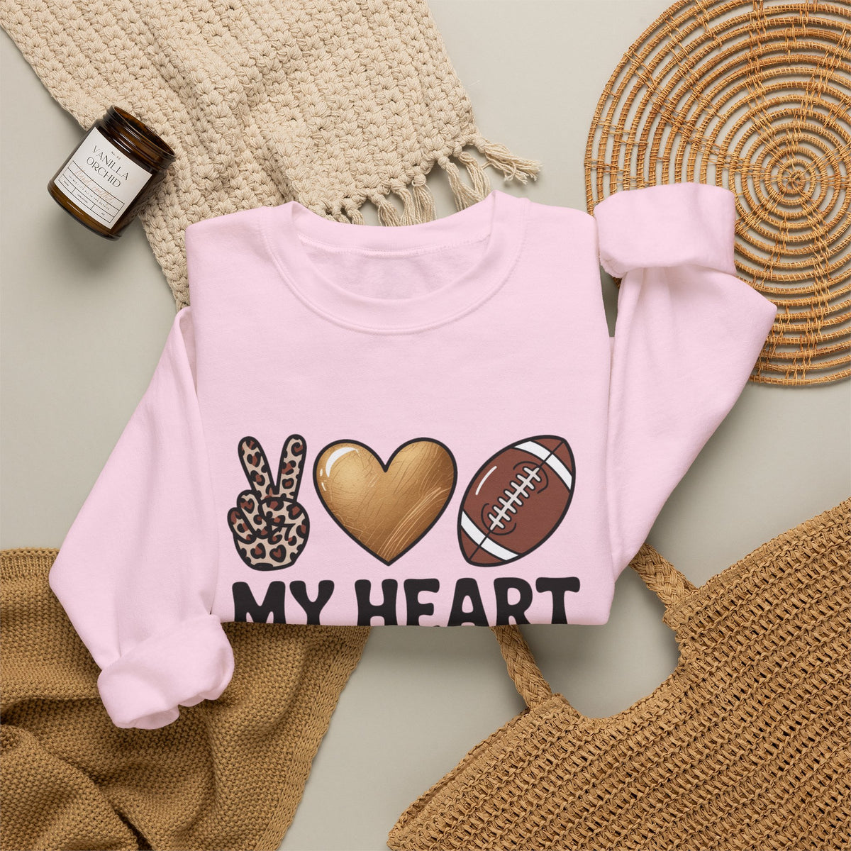 Football Mom Crewneck Sweatshirt - "My Heart Is On That Field" Leopard Accent