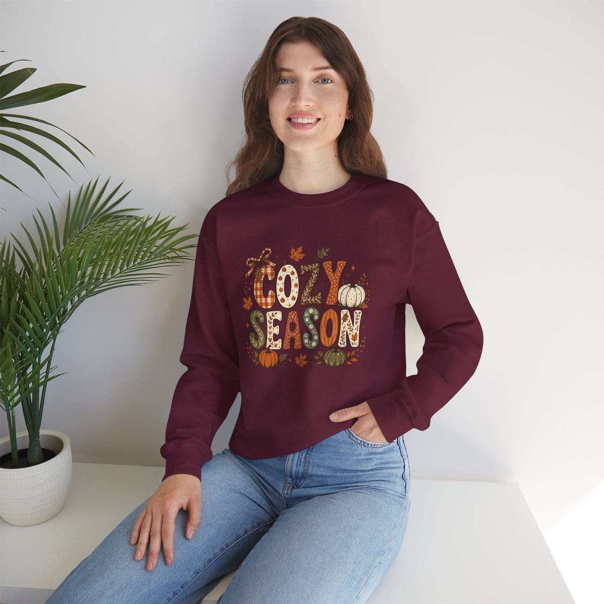 Cozy Season Crewneck Sweatshirt — Fall Pumpkin Autumn Leaves Graphic