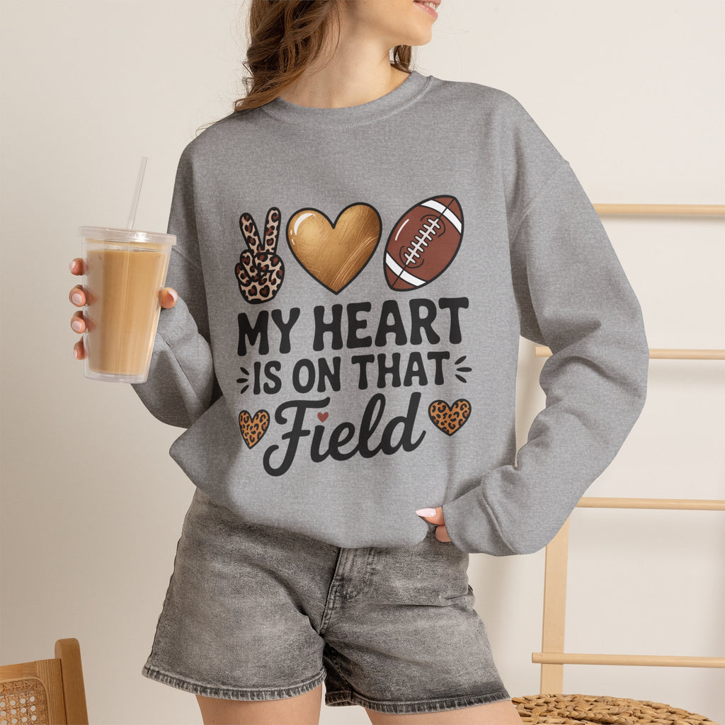 Football Mom Crewneck Sweatshirt - "My Heart Is On That Field" Leopard Accent