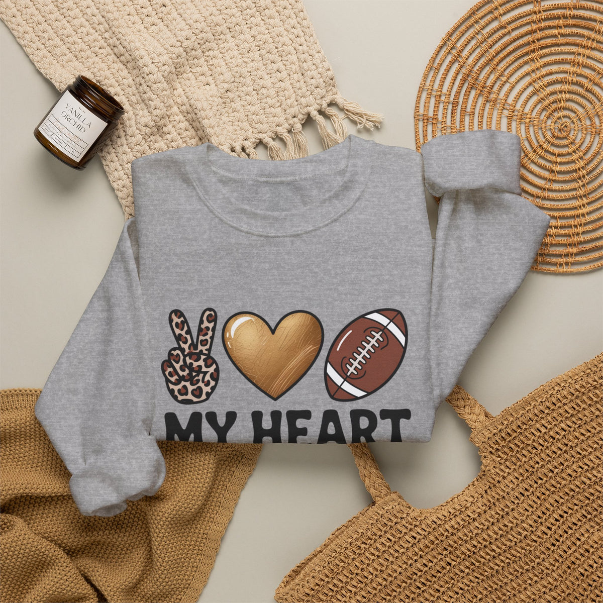 Football Mom Crewneck Sweatshirt - "My Heart Is On That Field" Leopard Accent