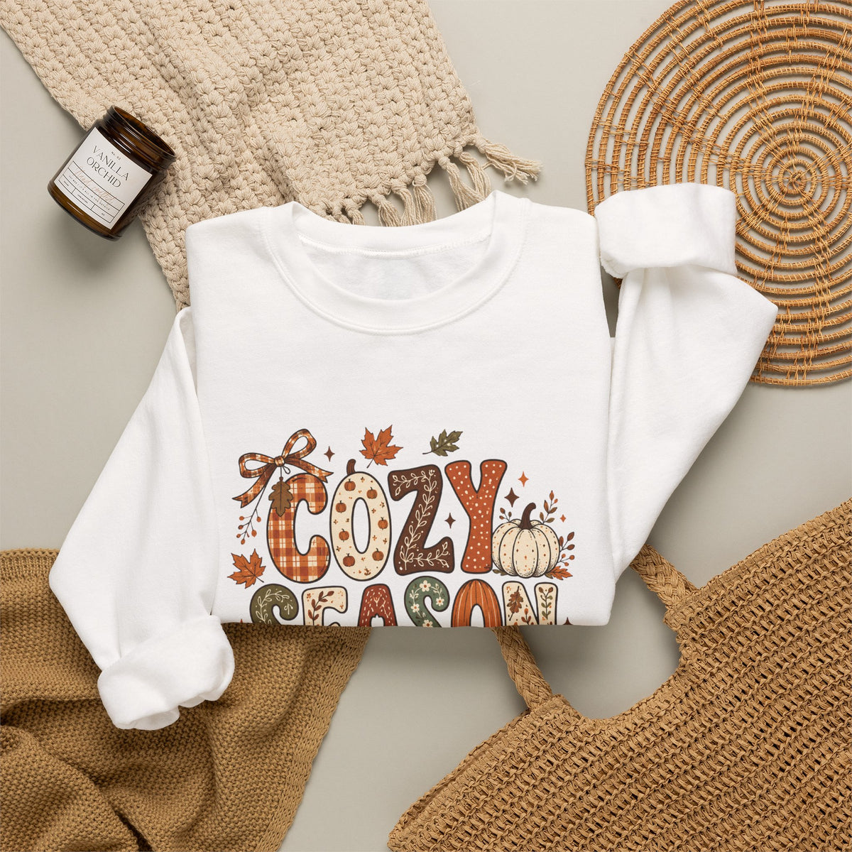 Cozy Season Crewneck Sweatshirt — Fall Pumpkin Autumn Leaves Graphic