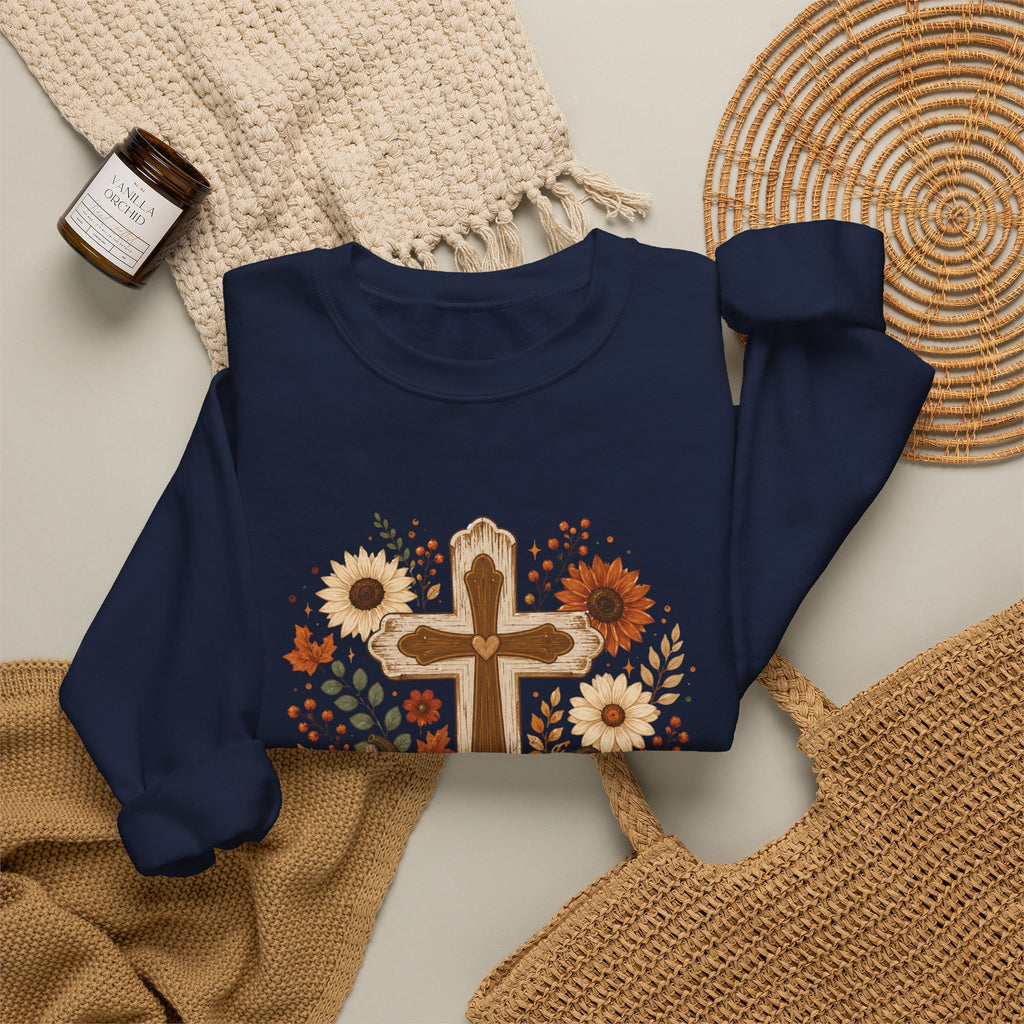 Fall Cross Sweatshirt — Christian Pumpkin & Sunflower Autumn Crewneck