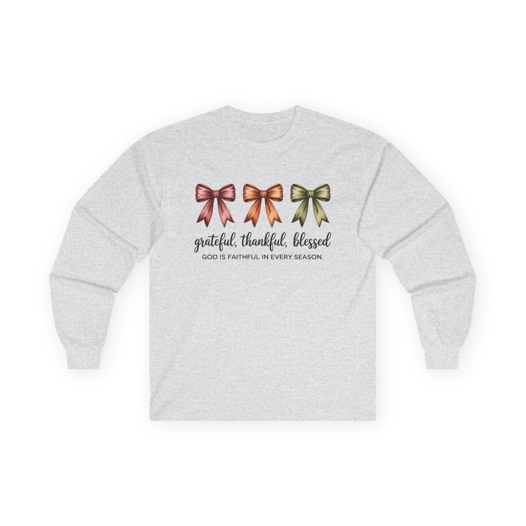 Long Sleeve Tee — Grateful Thankful Blessed with Fall Bows