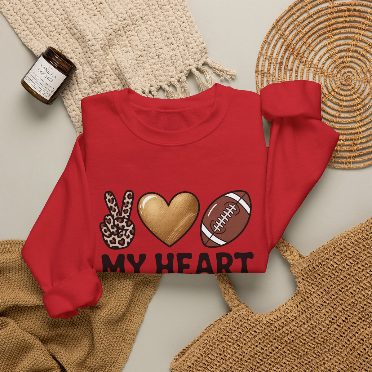 Football Mom Crewneck Sweatshirt - "My Heart Is On That Field" Leopard Accent