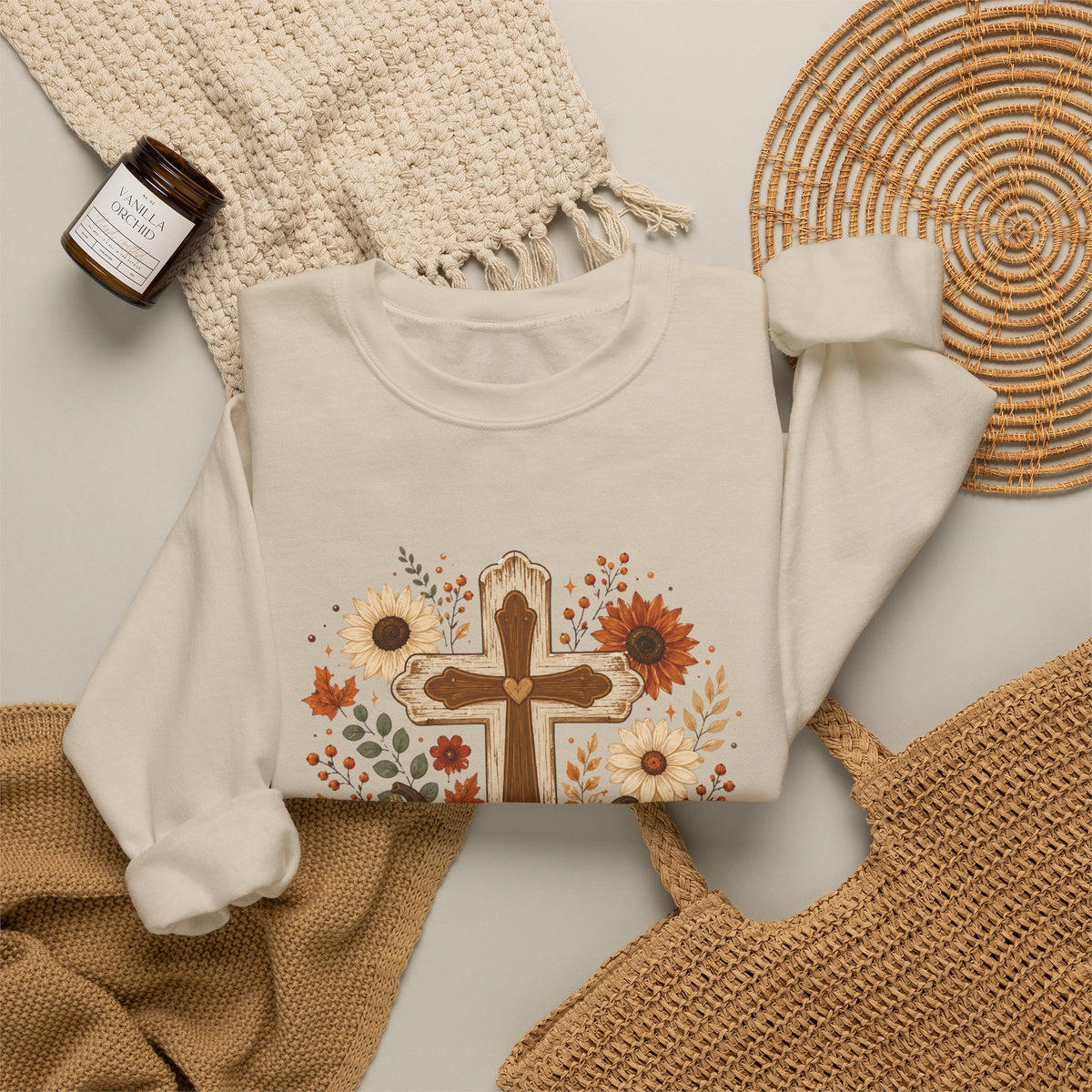 Fall Cross Sweatshirt — Christian Pumpkin & Sunflower Autumn Crewneck