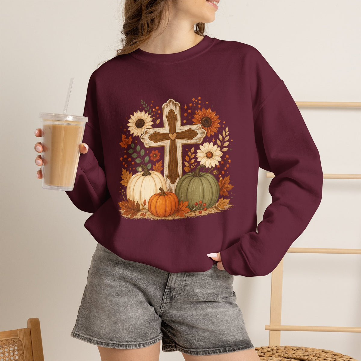 Fall Cross Sweatshirt — Christian Pumpkin & Sunflower Autumn Crewneck