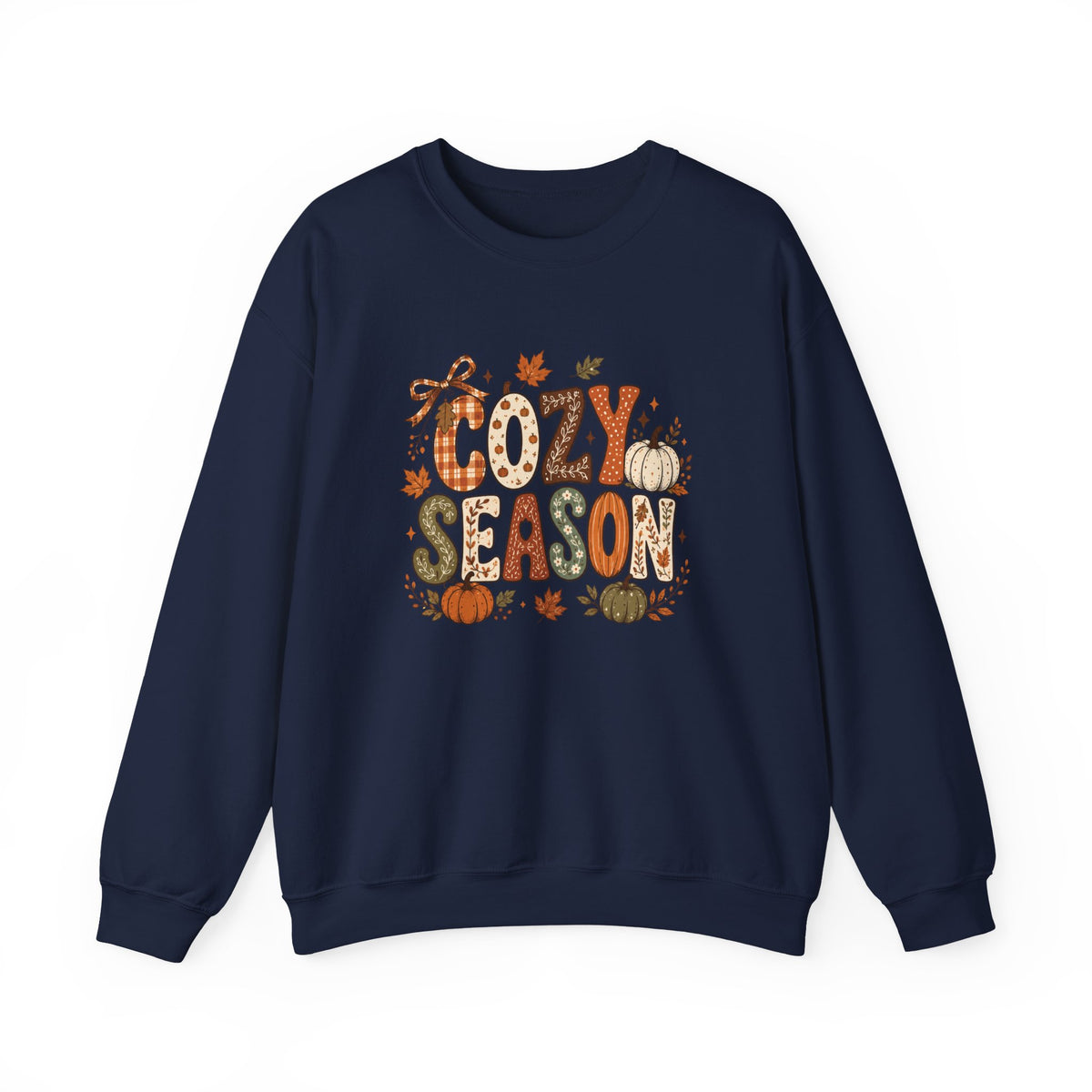 Cozy Season Crewneck Sweatshirt — Fall Pumpkin Autumn Leaves Graphic