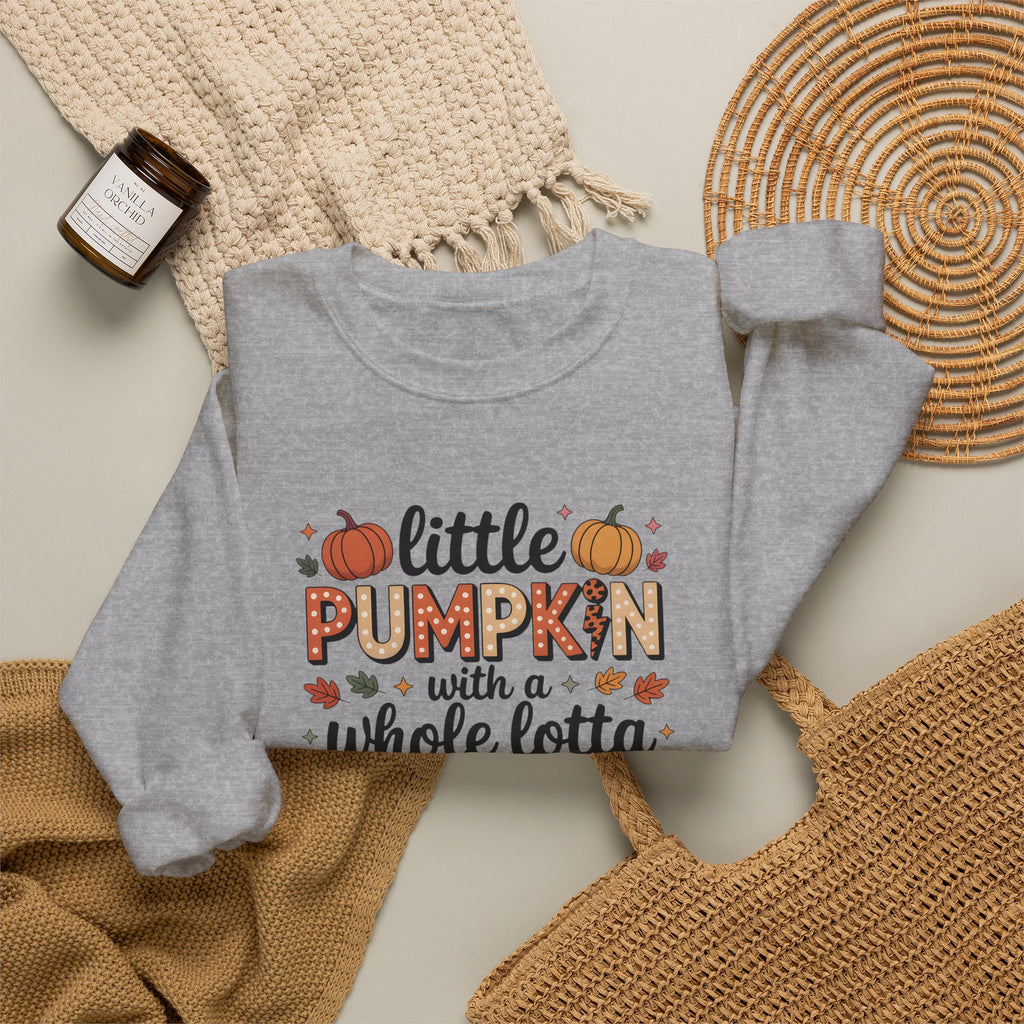 Crewneck Sweatshirt — "Little Pumpkin with a Whole Lotta Spice" Fall Graphic