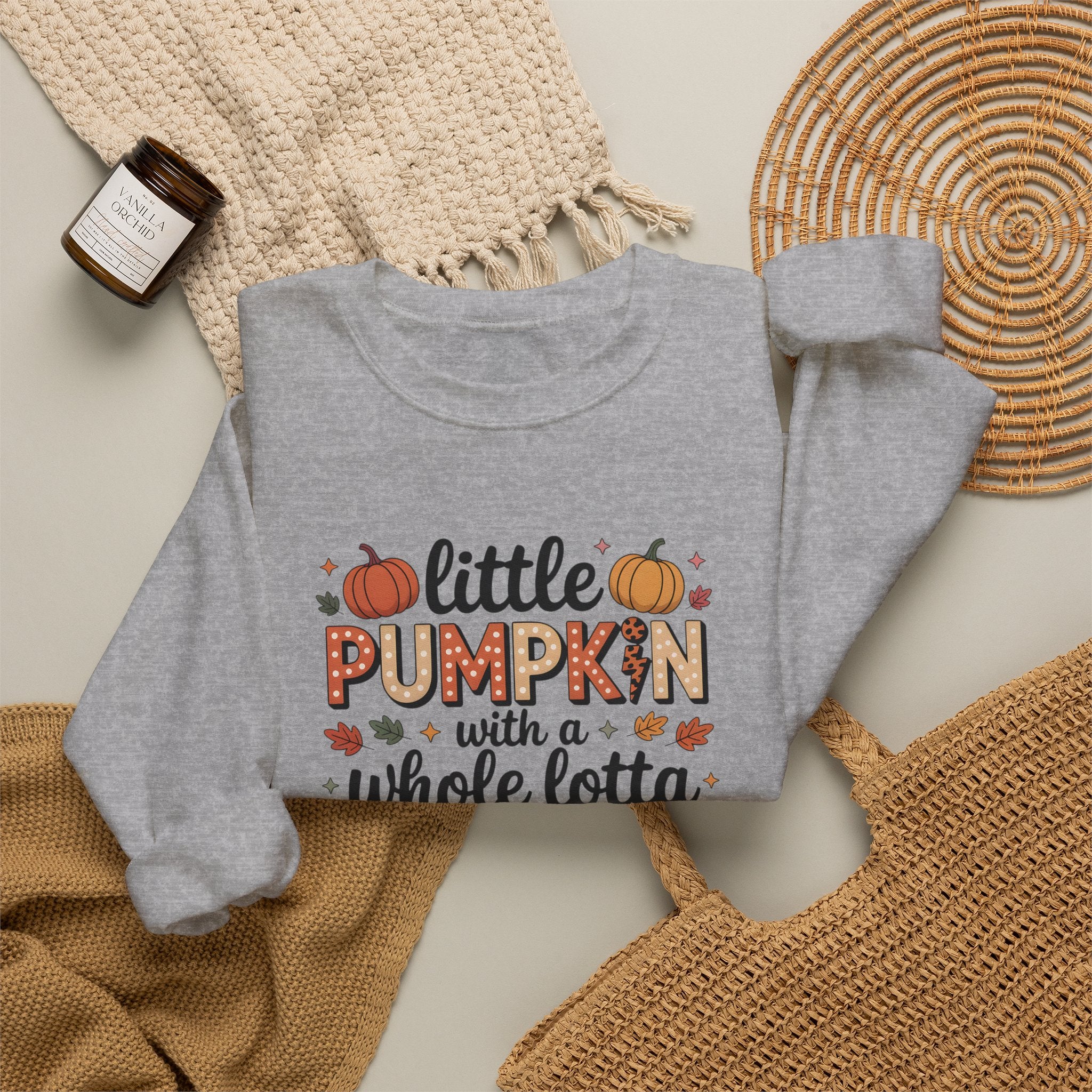 Crewneck Sweatshirt — "Little Pumpkin with a Whole Lotta Spice" Fall Graphic
