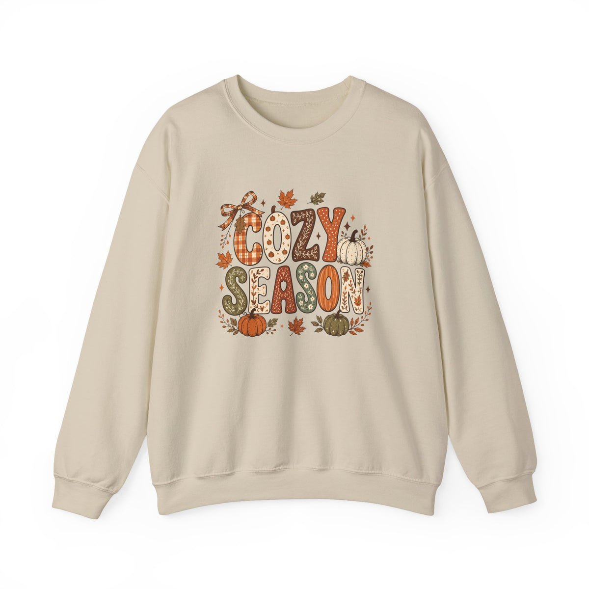 Cozy Season Crewneck Sweatshirt — Fall Pumpkin Autumn Leaves Graphic