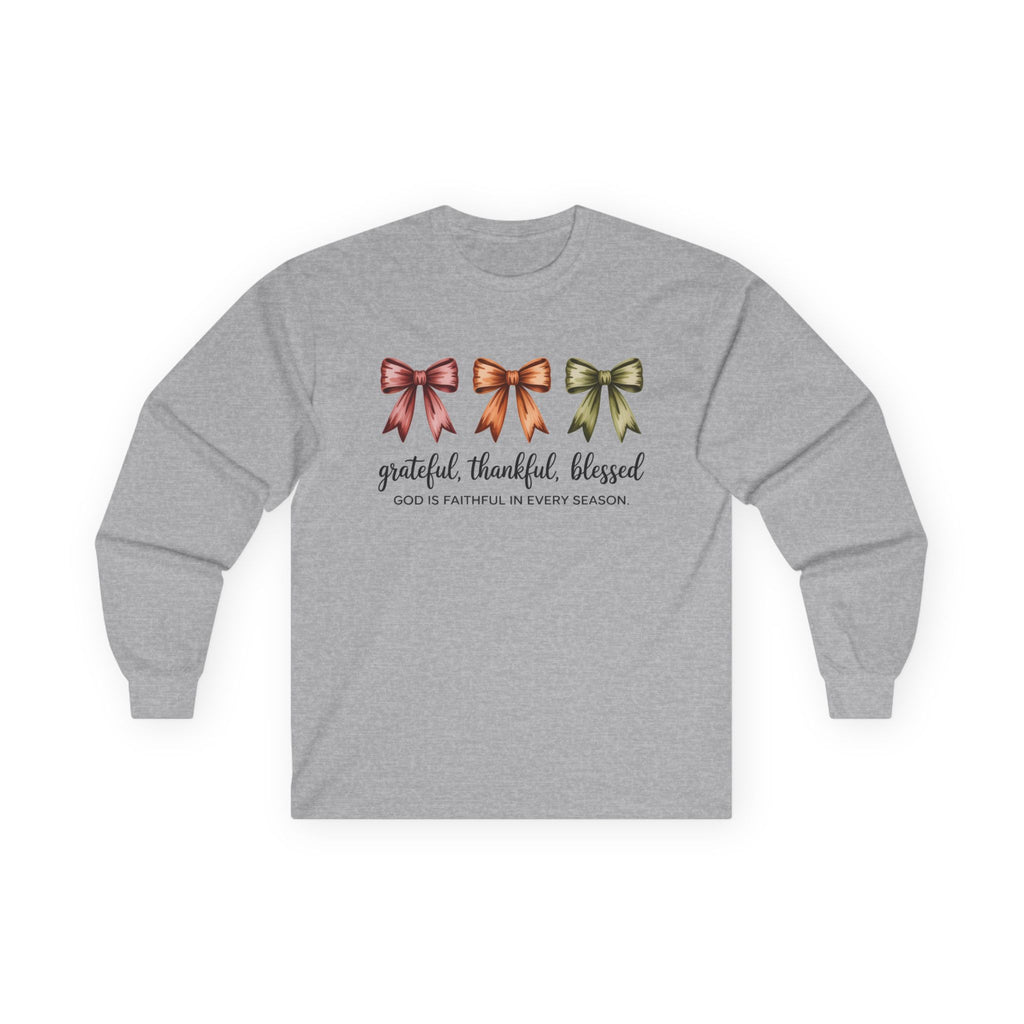 Long Sleeve Tee — Grateful Thankful Blessed with Fall Bows