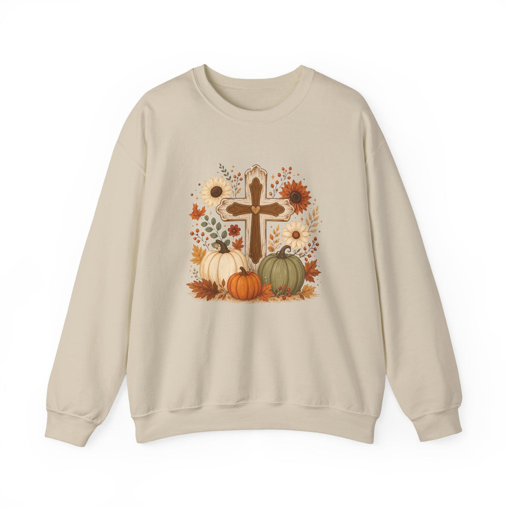 Fall Cross Sweatshirt — Christian Pumpkin & Sunflower Autumn Crewneck