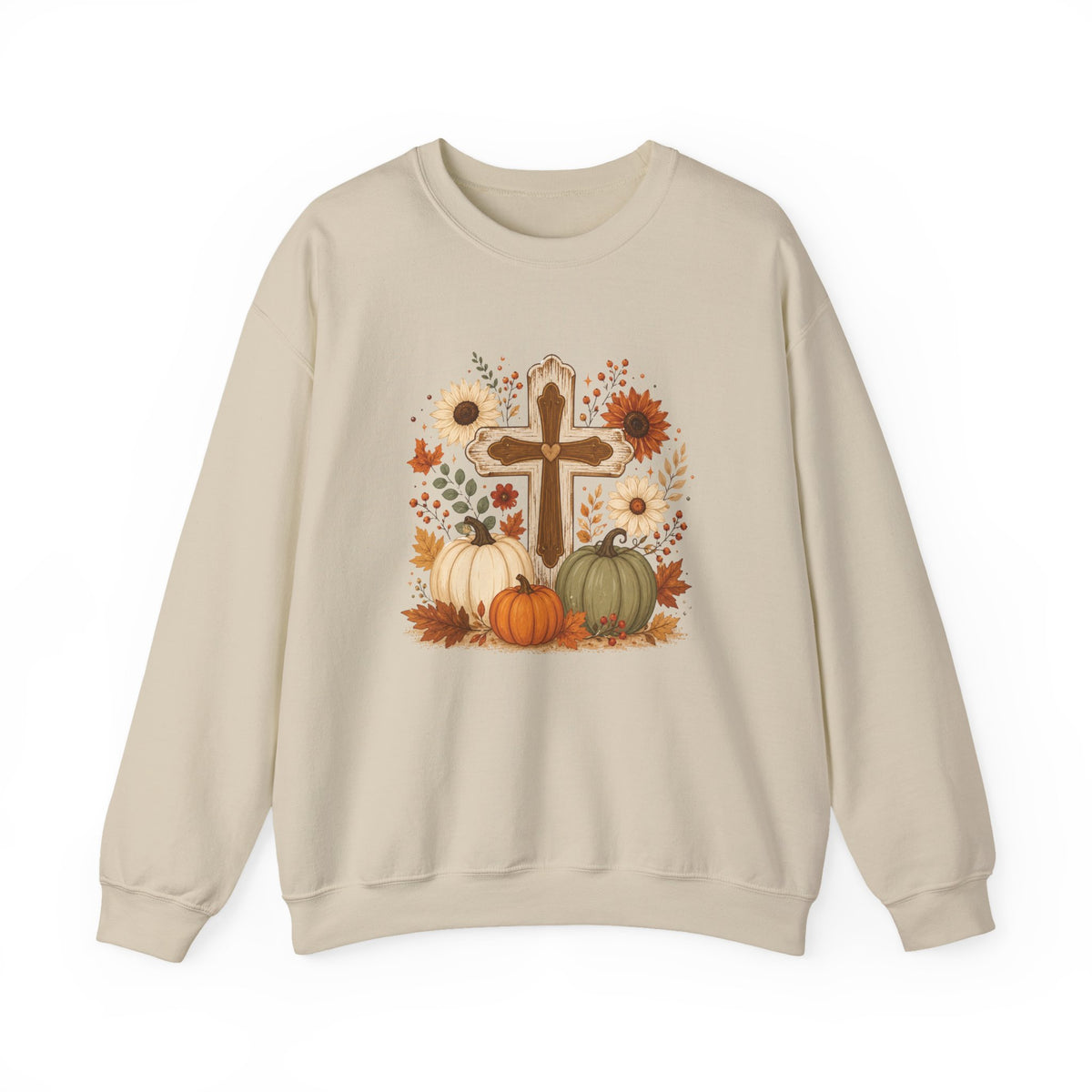 Fall Cross Sweatshirt — Christian Pumpkin & Sunflower Autumn Crewneck
